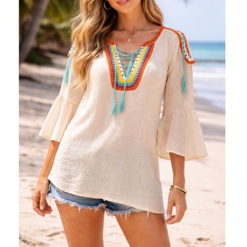 Boho Crochet Tunic Top Womens L XL Bell Sleeve‎ Beach Cover Up Festival